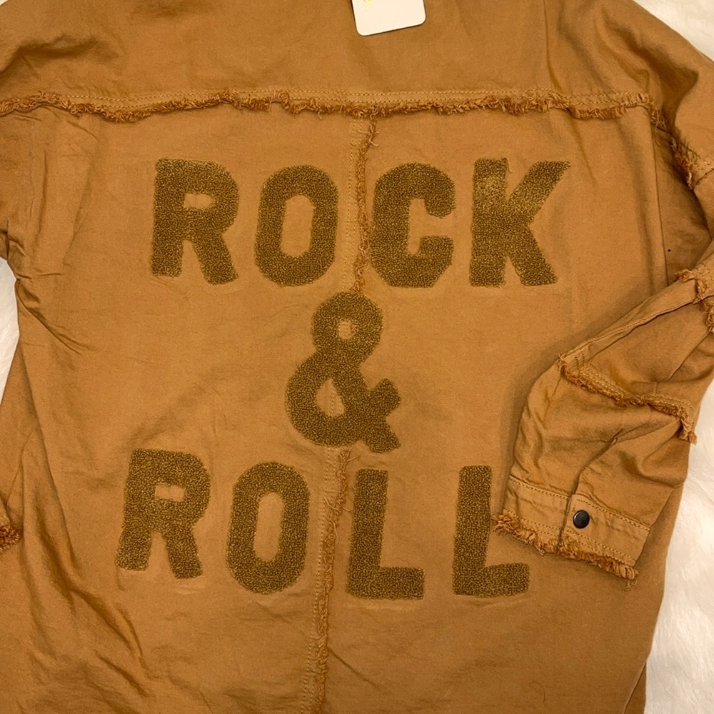 Elan denim distressed statement jacket in camel